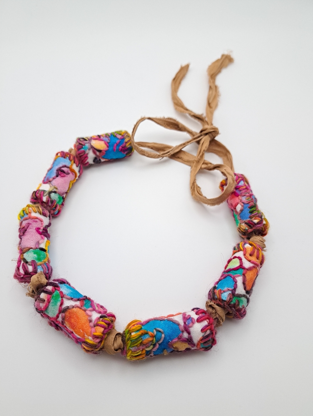 Multicolor Textile Necklace With Embroidered Fabric Beads